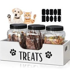 5-in-1 Wooden Pet Food Storage + 3 Plastic Jars + 1 Sticker – Uncharged Container for Dog & Cat Food Storage – Durable Wood Material Farmhouse Style Organizer for Pet Treats