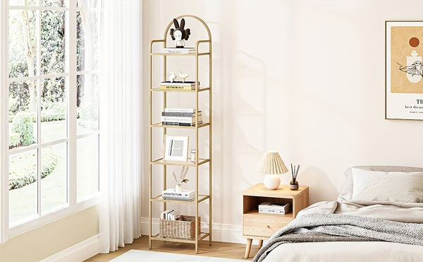 Bookcase Bookshelf, Tempered Glass Bookshelves, Slim Shelving Unit for Bedroom, Bathroom, Home Office, Steel Frame, 6 Tier Golden, Standing Shelf