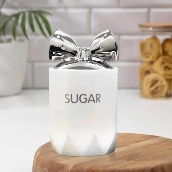 White Silver 3-Piece Marble Effect Ceramic Tea, Coffee & Sugar Canisters – 15x11cm Kitchen Storage Jars with Silver Bow Lid, Crystal Style Containers for Home Décor, Dining Table & Gift Set