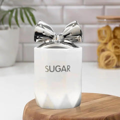 White Silver 3-Piece Marble Effect Ceramic Tea, Coffee & Sugar Canisters – 15x11cm Kitchen Storage Jars with Silver Bow Lid, Crystal Style Containers for Home Décor, Dining Table & Gift Set