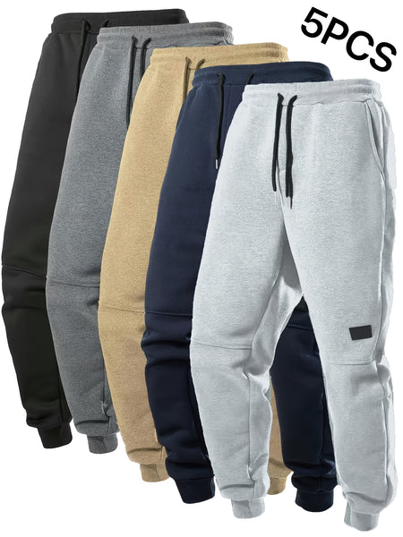 5pcs Men's Fleece Lined Solid Jogger Sweatpants With Drawstring, Casual Warm Sporty Trousers As Gift