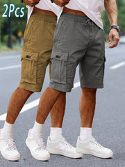 2pcs Men'S Cargo Shorts, Drawstring Waist Multi-Pocket Men'S Shorts