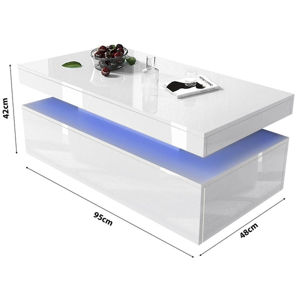 Modern High Gloss LED Coffee Table with 2 Drawers & Storage Shelf – Living Room Centre Table