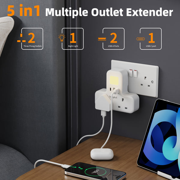 UK Plug Wall Extension Socket with 2 USB & 1 Type-C Ports, Adjustable Night Light Design for Bedroom/Kitchen, 2 AC Outlets Plug Adapter, 3250W Power Rating