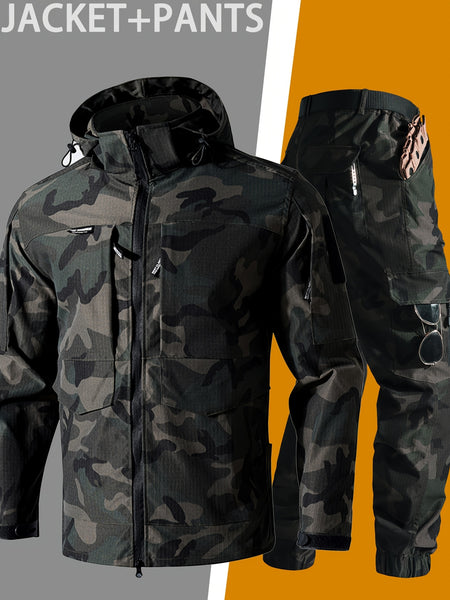 Men'S Outdoor Camouflage Jacket And Pants Set. Long Trousers, Cargo Pants for Men, Suitable for Spring And Autumn. Features Multiple Pockets, Zipper, And Mesh Fabric. Ideal for Fishing And Hiking