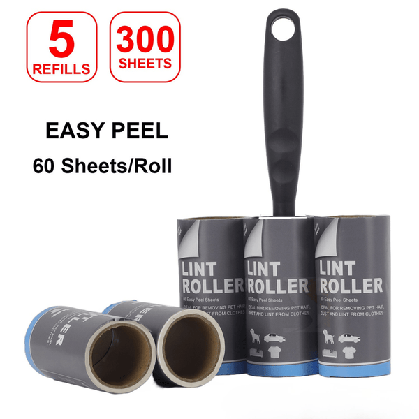 Lint Roller with 5 Refills and Handle - Pet Hair Remover for Cat/Dog Fur/Hair on Clothes, Sofas & Carpets - 300/450 Extra Sticky Sheets