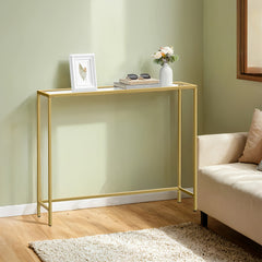 Modern Retro Glass Console Table with Golden Frame & Tempered Glass Top - Sturdy Sofa Table for Living Room, Hallway, Entryway - Space-Saving Narrow Design, Easy Assembly, Low-Maintenance Surface, Compact Accent Table for Small Spaces, Apartments, Apartme