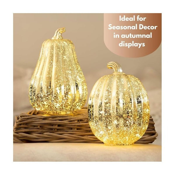Marco Paul Extra Large Gold Light Up Pumpkin & Squash Pair - 2 Pack Autumn Decorations with Warm LED Lights & 6hr Timer - Plastic Pumpkins for Halloween Ornaments, Autumnal Decor & Seasonal Styling