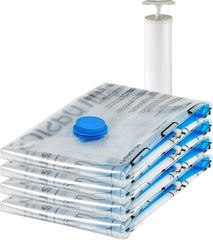 Amazon Basics Vacuum Compression Zipper Storage Bags with Airtight Valve and Hand Pump, Large, 5-Pack, Clear