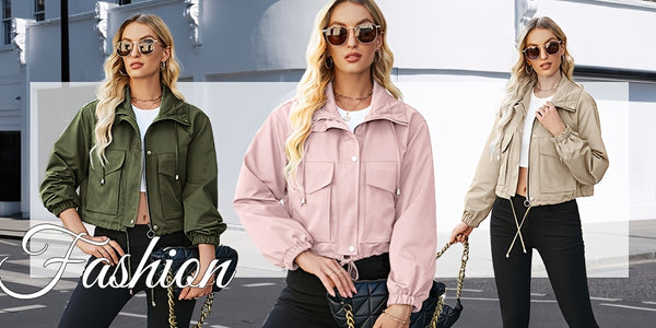 Womens Cropped Jacket Zip Up Lightweight Oversized Utility Anorak Coat with Pockets