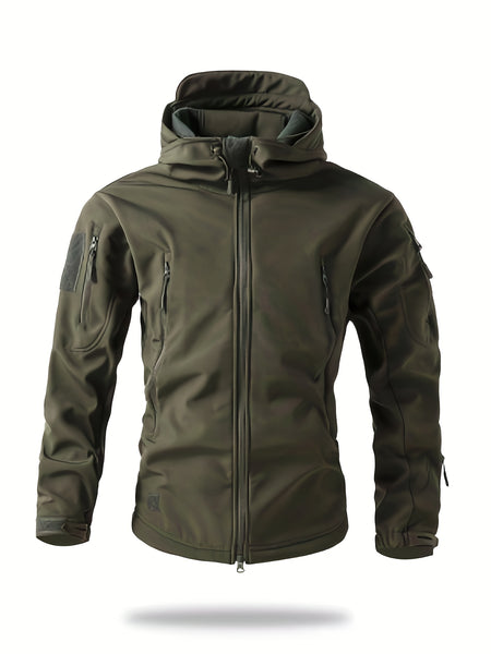 Men'S Winter Soft Shell Jacket with a Hood, Featuring Pockets And a Solid Color, Suitable for Outdoor Wear