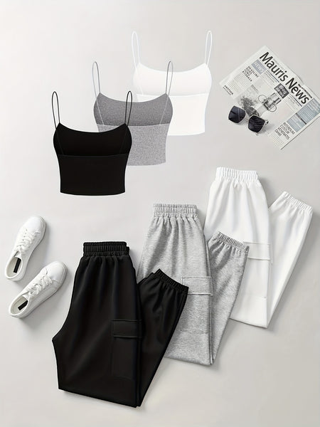 6pcs Women'S Casual Short Camisole And Elastic Waist Pocket Work Pants Set for Spring And Summer, Solid Color Everyday Outfit