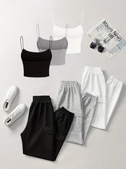 6pcs Women'S Casual Short Camisole And Elastic Waist Pocket Work Pants Set for Spring And Summer, Solid Color Everyday Outfit