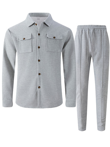Men's Two-Piece Set, Autumn-Winter Casual Fashion Beach Dual Pocket Turn Collar Long Sleeve Shirt + Trousers Outfit for Fall/Winter Hawaiian Vacation