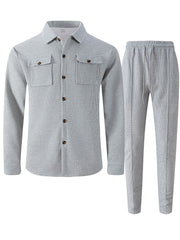 Men's Two-Piece Set, Autumn-Winter Casual Fashion Beach Dual Pocket Turn Collar Long Sleeve Shirt + Trousers Outfit for Fall/Winter Hawaiian Vacation