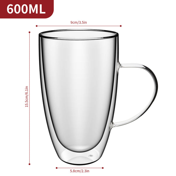 Vinsani Double Walled Coffee Drink Glasses Tea Cup Mug Heat Cold Resistant Aesthetic Clear Borosilicate Glass with Handle Cappuccino Latte Tea Dessert Hot and Cold Drinks