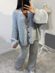 KatchMe Women's Solid Color Slouchy V-Neck Button Stretch Cardigan & Wide Leg Trousers Co-ord, Loose Fall & Winter Two Piece Outfits