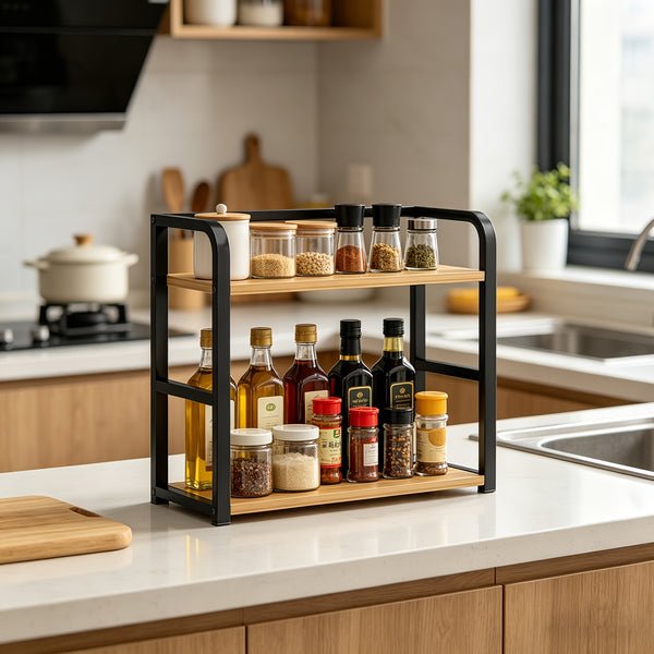 Two-Tier Dish Drying Rack for The Kitchen, Spice Organizer with Hooks And Adjustable Shelf, Freestanding Kitchen Storage Unit for Dishes, Cups, And Cutting Boards