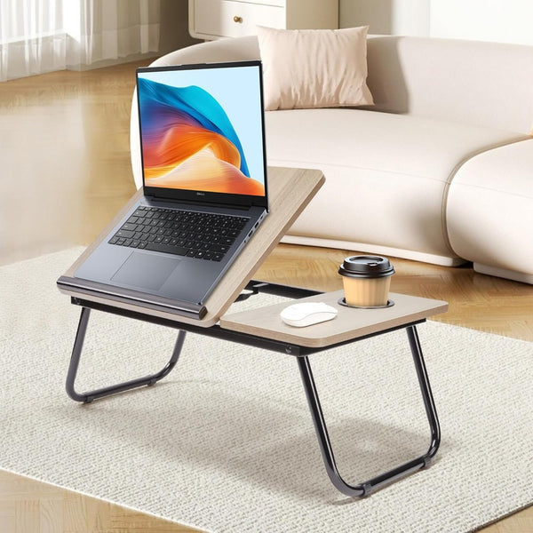 [Cozy Comfort] Versatile Folding Laptop Desk with Cup Holder - 5-Level Adjustable Tilt, Portable & Sturdy Wooden Frame, Ideal for Reading, Studying & Serving Breakfast in Bed - Available in Black, Walnut, Natural, Pink