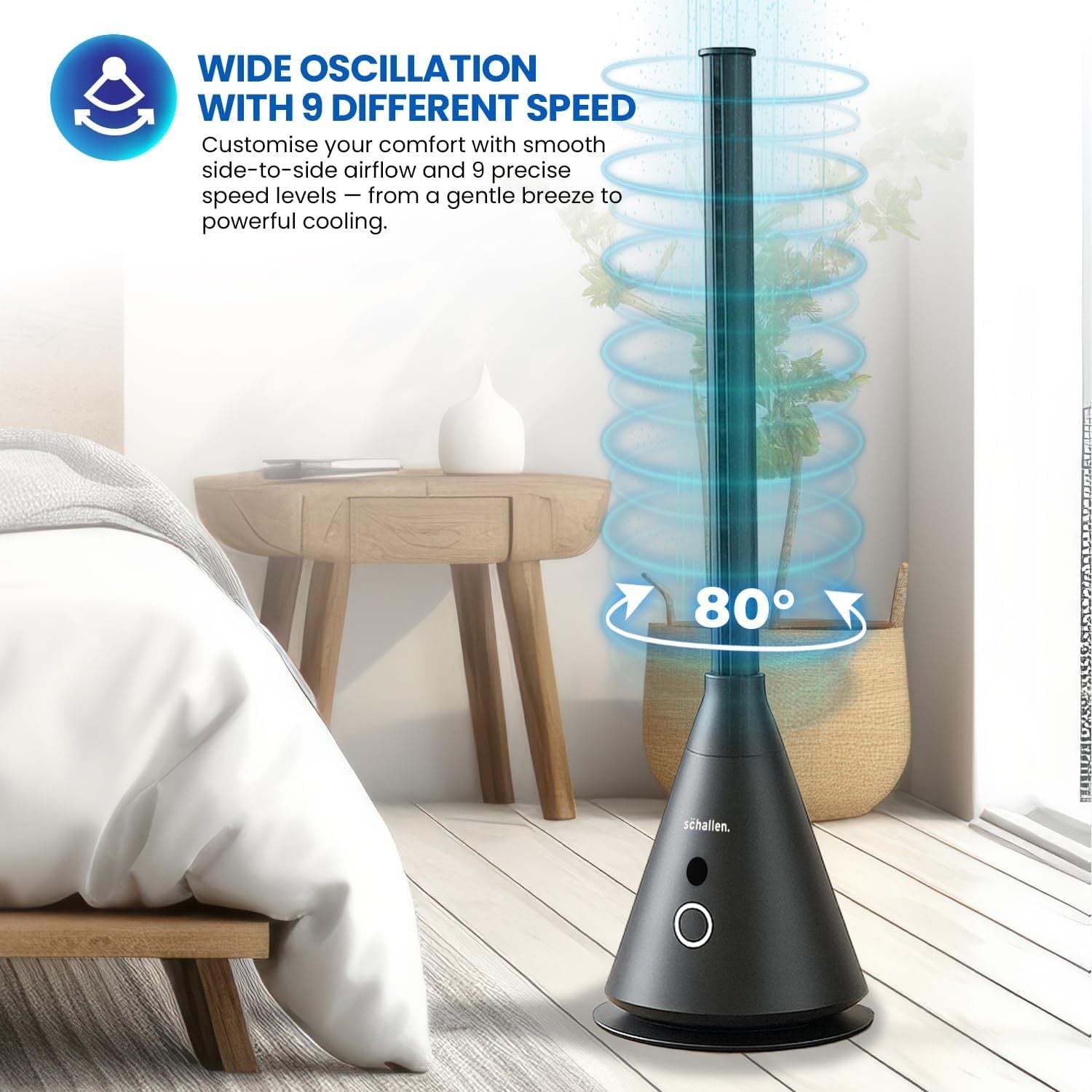 Schallen Bladeless Tower Fan with 9 Speed Settings, 8 Hour Timer, Oscillating Cooling Fan with Digital Display and Remote Control, Quiet DC Motor Free Standing Floor Fan for Home Office Bedroom, Modern Black and Grey Slim Tower Fan with Safe Bladeless Tec