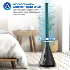 Schallen Bladeless Tower Fan with 9 Speed Settings, 8 Hour Timer, Oscillating Cooling Fan with Digital Display and Remote Control, Quiet DC Motor Free Standing Floor Fan for Home Office Bedroom, Modern Black and Grey Slim Tower Fan with Safe Bladeless Tec
