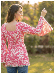 Estationeryhouse Cotton Printed Kurta Top, Long Sleeves, with White Tassels and Drawstring for Adjusting at Back
