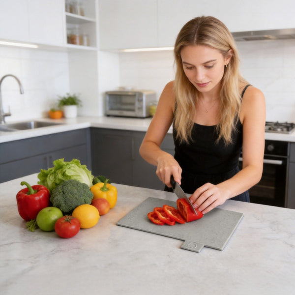 Index Chopping Board Set of 4 Color Coded Plastic Cutting Boards with Storage Stand Non-Slip Non-Porous Kitchen Boards for Meat Fish Vegetables Bread Dishwasher Safe