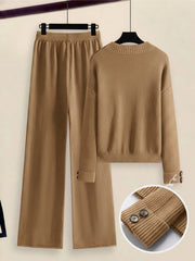 Women's 2pcs Set with Side Stripe| Crewneck Sweater & Relaxed Fit Straight Leg Pants| Soft Loungewear for Spring Autumn | European Casual Y Style