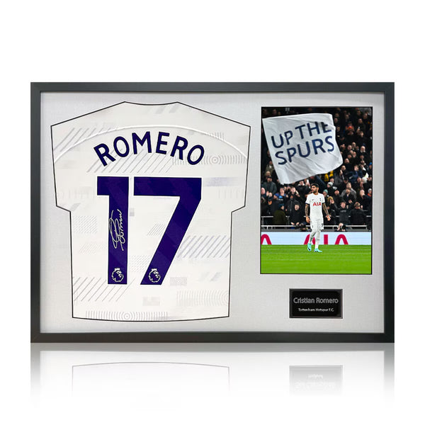 Christian Romero Signed Framed Spurs Shirt Including 1 Photo, with Black Mount