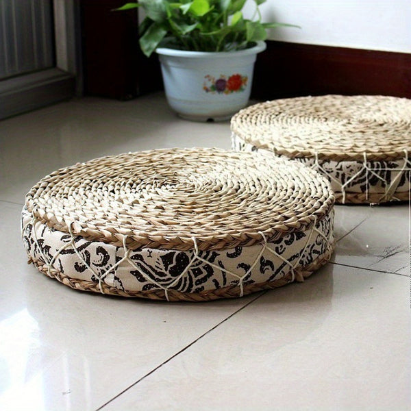 Japanese Style Rustic Handwoven Corn Husk Seat Cushion - Natural Thick Padded Tatami Floor Mat, 40cm/45cm Round Braided Meditation Pillow for Yoga, Floor Sitting