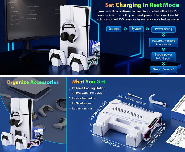 For Ps5/Slim/Pro Cooling Station And Controller Charging Station with RGB Stand for Playstation 5 Console - for PS5 Controller Charger, Cooling Stand Accessory Kit-Cooler Fan/Headset Holder/3 USB Hub, White