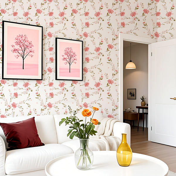 Self-Adhesive Flowers Wallpaper - Pink Boho Self-Adhesive Removable Wall Stickers, Waterproof PVC Contact Paper for Living Room, Cabinets, Bedroom, Kitchen Furniture Refurbishment Wallpaper | Easy Home Decor (59.99cm X 3.02meter) Rentals Friendly