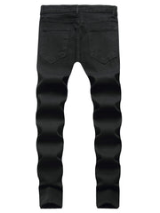 Men's Ripped Jeans with Doll Figure Pattern, Youth Zhang Zai Embroidery, Trendy Skinny Tapered Fit Denim Pants