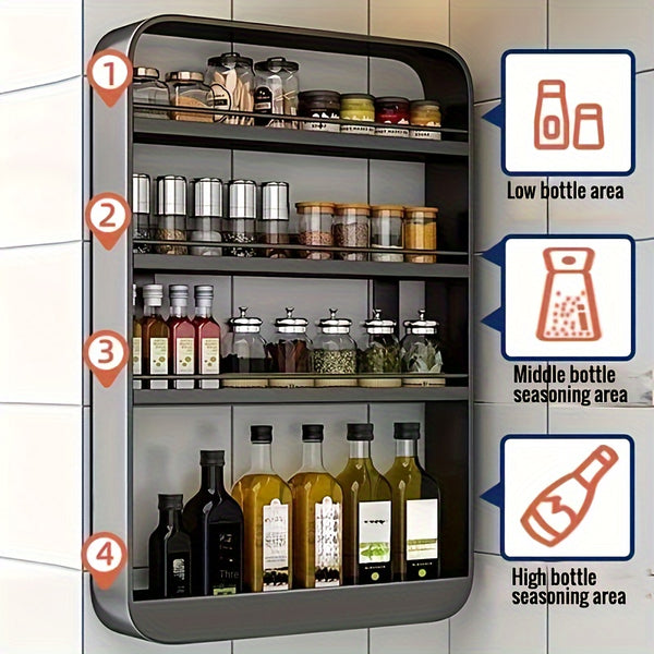 1pc Wall-Mounted Kitchen Storage Shelf – Multi-Purpose Storage Rack for Kitchen Spices, Bathroom Toiletries, Bedroom Decor – No-Tool Installation (Black/White)