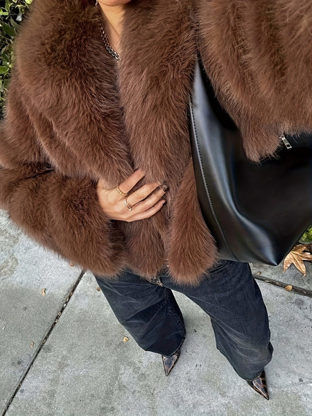PEACHYZL Women'S Elegant Faux Fur Coat - Thickened Winter Jacket with Plush Lining, Loose Fit Long Sleeve Coat for Fall/Winter, BrownRed/