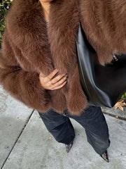 PEACHYZL Women'S Elegant Faux Fur Coat - Thickened Winter Jacket with Plush Lining, Loose Fit Long Sleeve Coat for Fall/Winter, BrownRed/