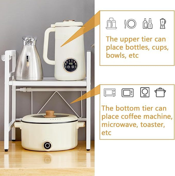 QuickTurn Expandable Microwave Oven Rack Kitchen Countertop Over Microwave Stand Shelf Unit White 2 Tier Space Saving Standing Baker'S Racks for Air Fryer
