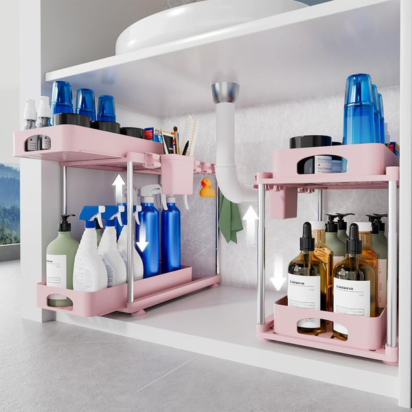VERIFOST under Sink Organizer (2 Pack), 2 Tier under Sink Organizer, Adjustable Height Cabinet Organizer and Storage, in Blue