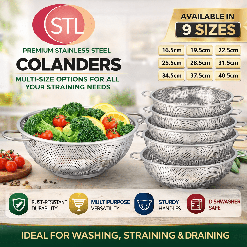 STL Steel Colander with Double Handles 16.5cm, Micro-Perforated for Draining Pasta, Rice, Fruits, Vegetables, Dishwasher Safe Kitchen Strainer, Metal Food Filter, Easy to Clean and Durable