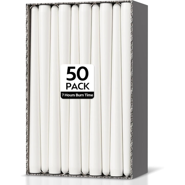 50-Pack Long Taper Candles - Unscented Ivory Tapers for Wedding, Church, Banquet - Real Wax Burning Candles Suitable for Chandeliers, Dinner Candles, Romantic Decor ( Use)