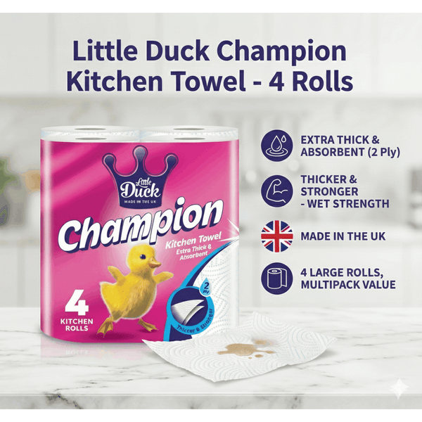 Little Duck Champion 2-Ply Kitchen Towel – 24 Rolls Bulk Pack – Absorbent, Food Contact Safe & Wet Strength Technology