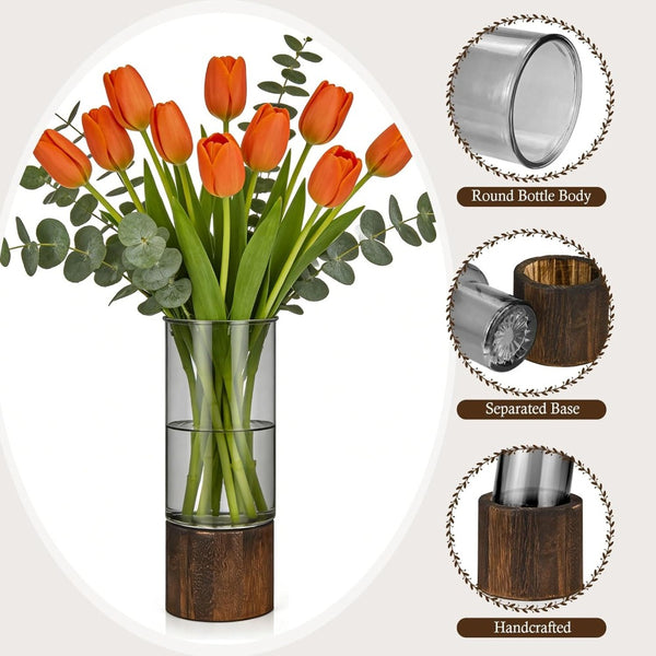 3pcs Glass Vase for Flowers - 25cm Tall Cylindrical Vase with Wooden Base Clear Large Flower Vases Boho Rustic Style Vases Modern Minimalist Ornaments for Pampas Grass Dried Flowers Wedding Home Decor
