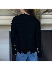 Women'S Elegant Fringed Cardigan Jacket Buttoned Neckline, Structured Silhouette with Fringed Hem Machine-Washable Autumn/Winter Outerwear Tailored Design