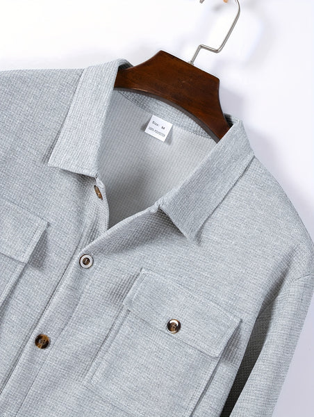 Men's Two-Piece Set, Autumn-Winter Casual Fashion Beach Dual Pocket Turn Collar Long Sleeve Shirt + Trousers Outfit for Fall/Winter Hawaiian Vacation