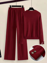 Women's 2pcs Set with Side Stripe| Crewneck Sweater & Relaxed Fit Straight Leg Pants| Soft Loungewear for Spring Autumn | European Casual Y Style