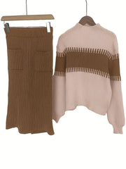 High Neck Pullover Skirt Split Two-Piece Color Block Contrast Thick Long Sleeve Sweater Set, Winter Wardrobe, Elegant Style, Color Block Design, Thick Fabric, Pullover Top, Long Sleeve Skirt, Women'S Fashion, Office Wear