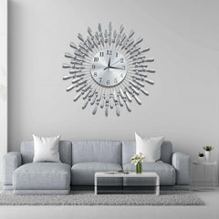 Crystals 60cm Large Metal Wall Clock – Luxury Sunburst Design, Handcrafted Diamante Beaded Clock for Living Room, Modern Decorative Wall Clock for Home & Office (Silver)