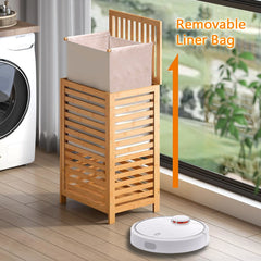 Laundry Basket with Lid, Bamboo Laundry Hamper with Removable Liner Bag, Clothes Hamper Laundry Bin for Bathroom, Bedroom, Dorm, Laundry Room, Freestanding Laundry Clothes Storage Bin, 45L