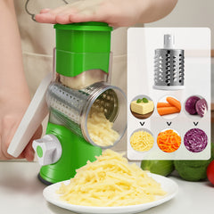 Rotary Vegetable Shredder 3 in 1 Rotary Cheese Grater Round Vegetable Mandoline Blades Handheld Fruit Vegetable Slicer Shredder for Fruit Nut and Vegetable Grate Green