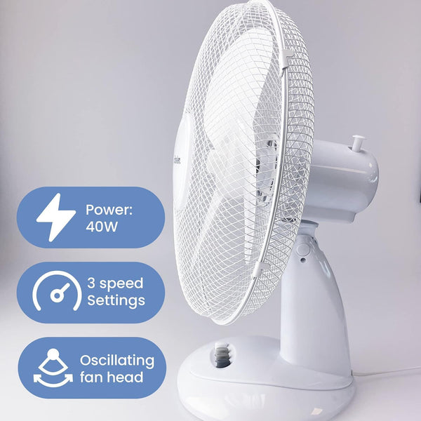 Schallen 16 Inch Electric Desk Fan Oscillating Table Fan 3 Speed Quiet Cooling Fan Adjustable Head Worktop Office Home Bedroom Air Circulator Fan Modern Design Portable Electric Desk Fan White Black or Grey UK Plug Summer Cooling Fan